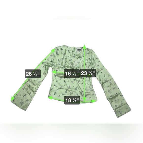 GANNI Cutout Ruched Floral-print Stretch-silk Satin Top In Light Green NWOT - Picture 6 of 9